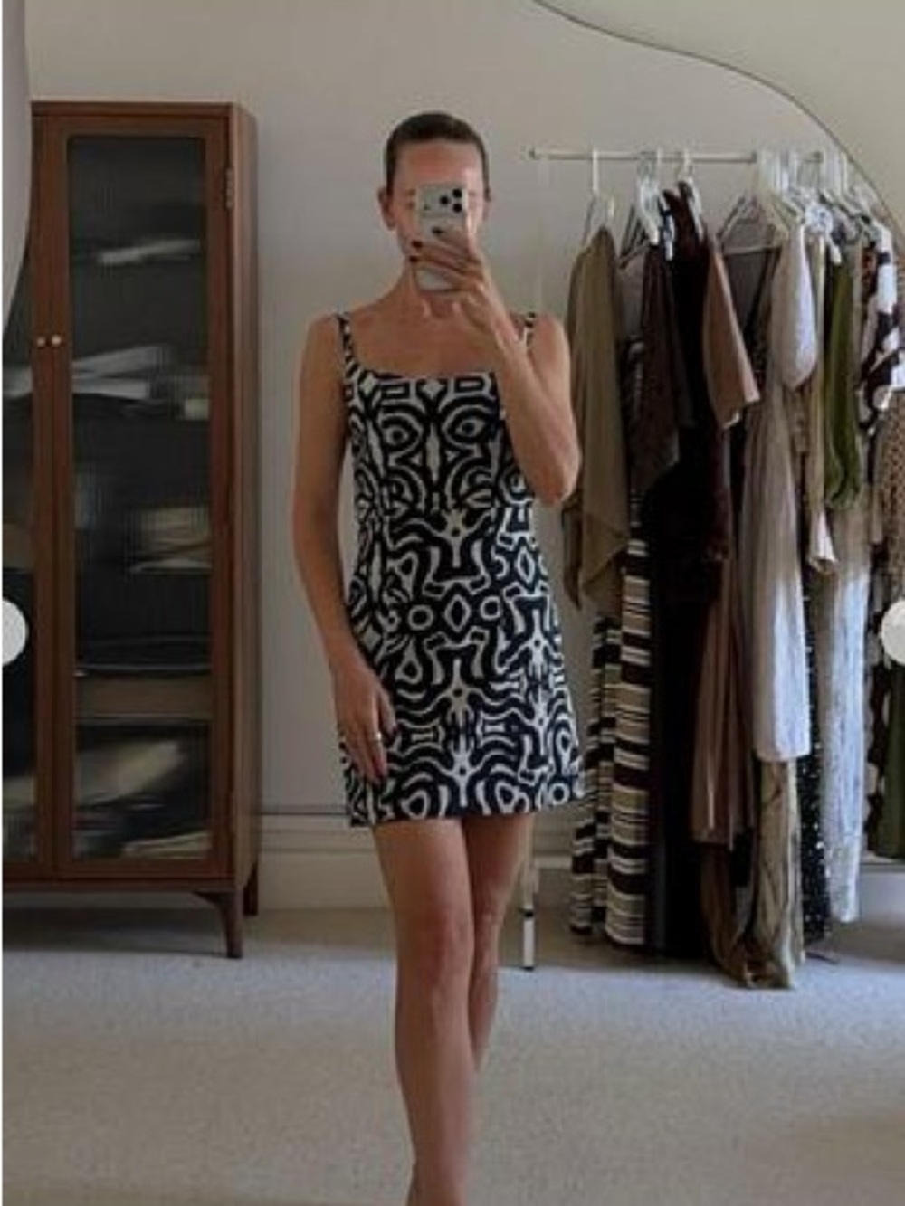 Black & Cream Geometric Square-Neck Mini Dress
